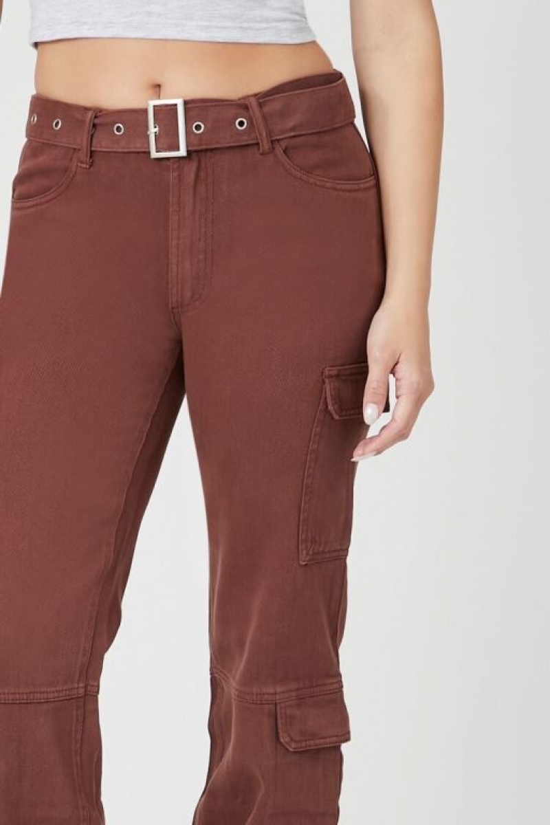 Jeans Forever 21 Belted Denim Cargo Mujer Marrones | jwlXaoMKB4J