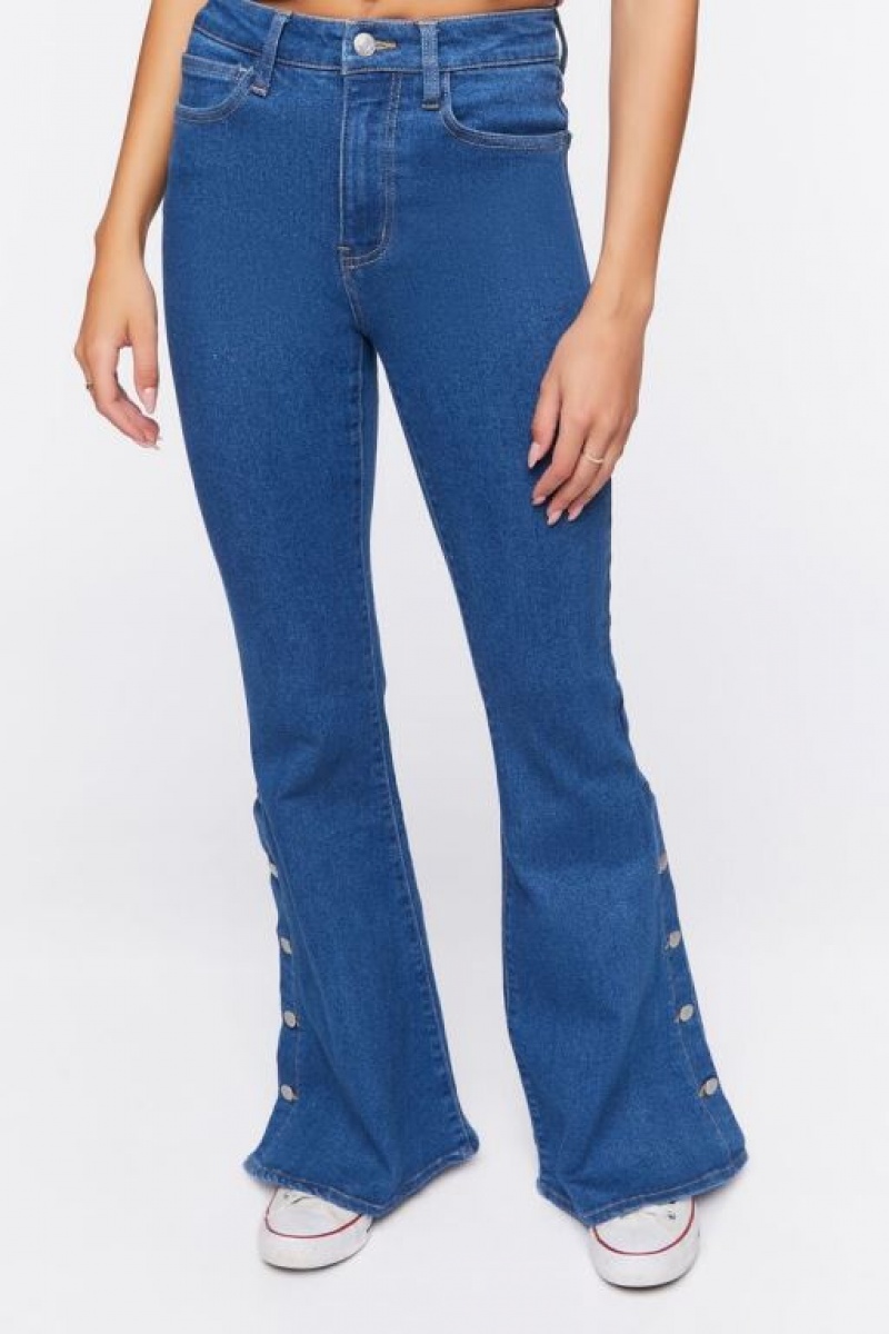 Jeans Forever 21 Button Hem Flare Mujer Azules | ZTmrOzdVVtu