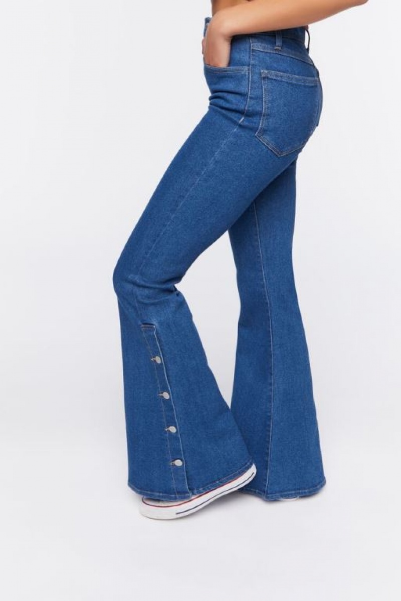 Jeans Forever 21 Button Hem Flare Mujer Azules | ZTmrOzdVVtu