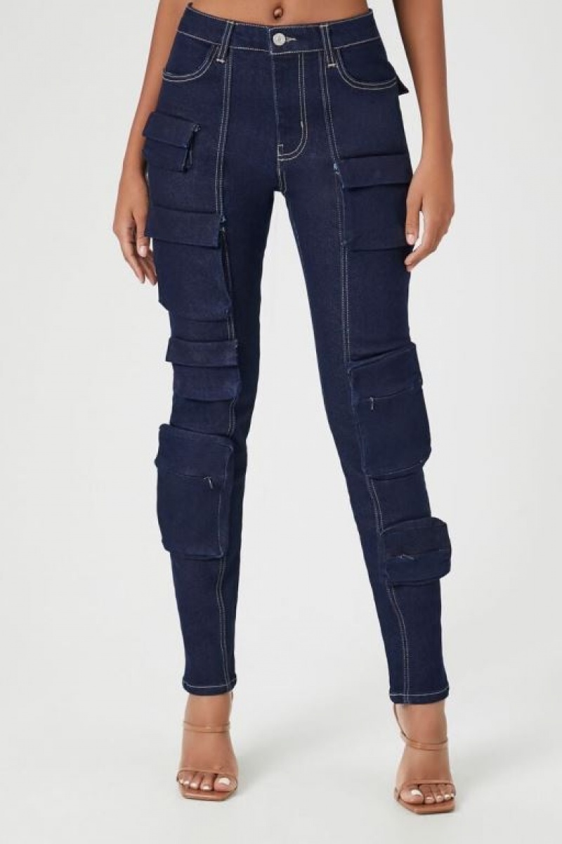 Jeans Forever 21 Cargo Flaco Mujer Azules Oscuro | pH7EVtwqI38