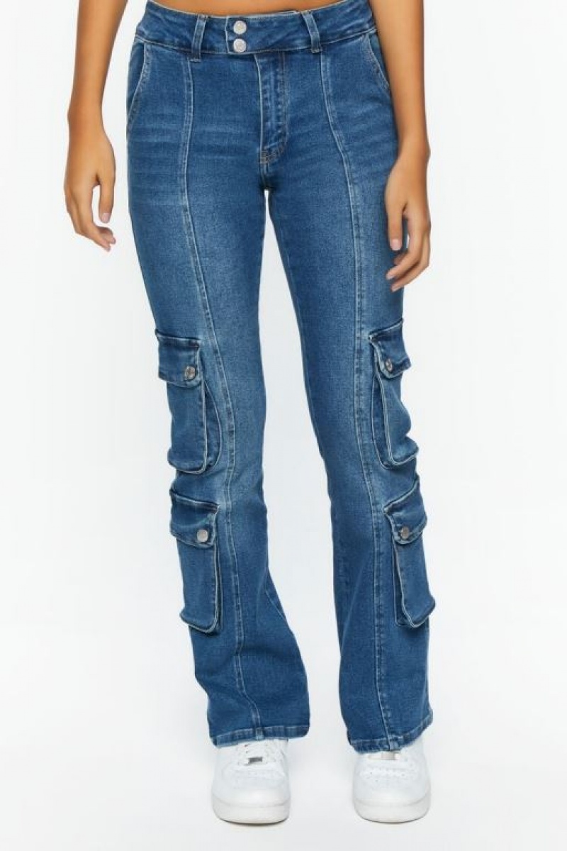 Jeans Forever 21 Cargo Pocket Mid Rise Flare Mujer Azules Oscuro | EPQPq976Vbg