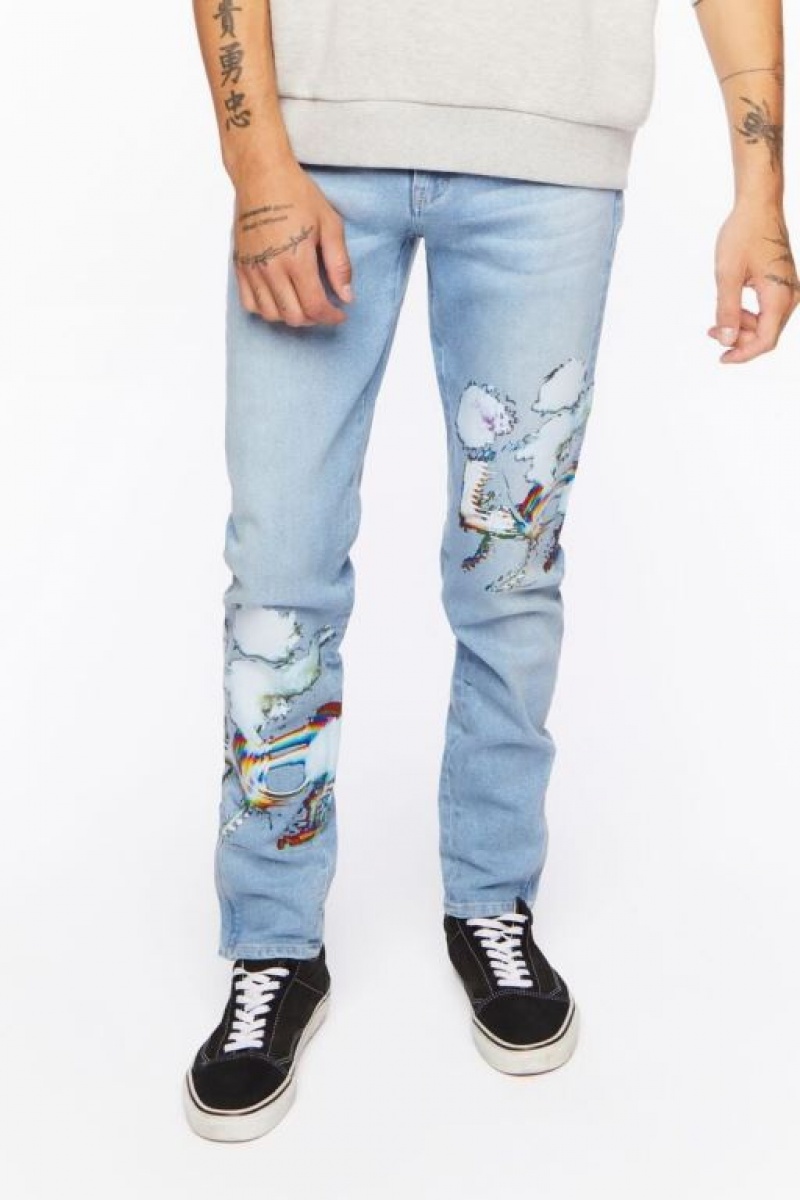 Jeans Forever 21 Cloud Estampadas Flaco Hombre Azules | uhzL7UqNkUS