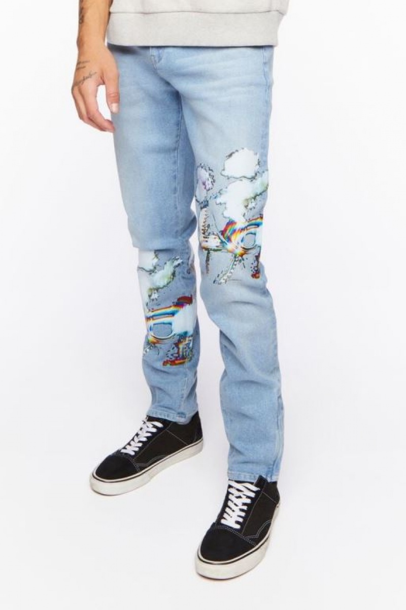 Jeans Forever 21 Cloud Estampadas Flaco Hombre Azules | uhzL7UqNkUS