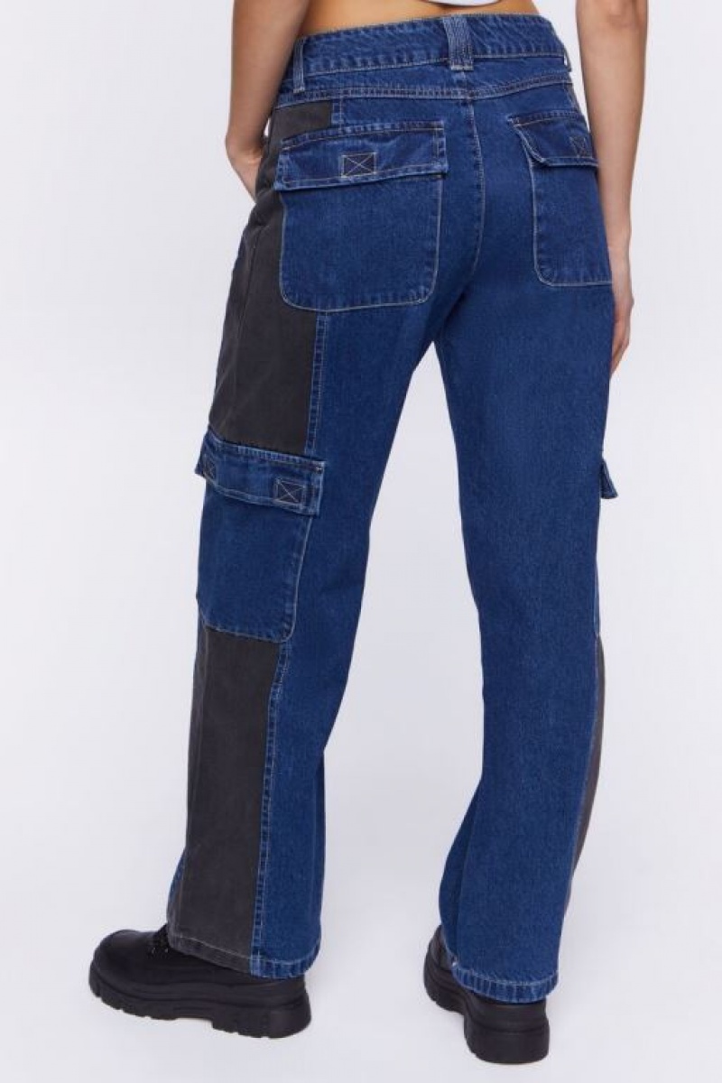 Jeans Forever 21 Contrast Panel High Rise Dad Mujer Azules Oscuro Negras | 7FlTNyzTEW2