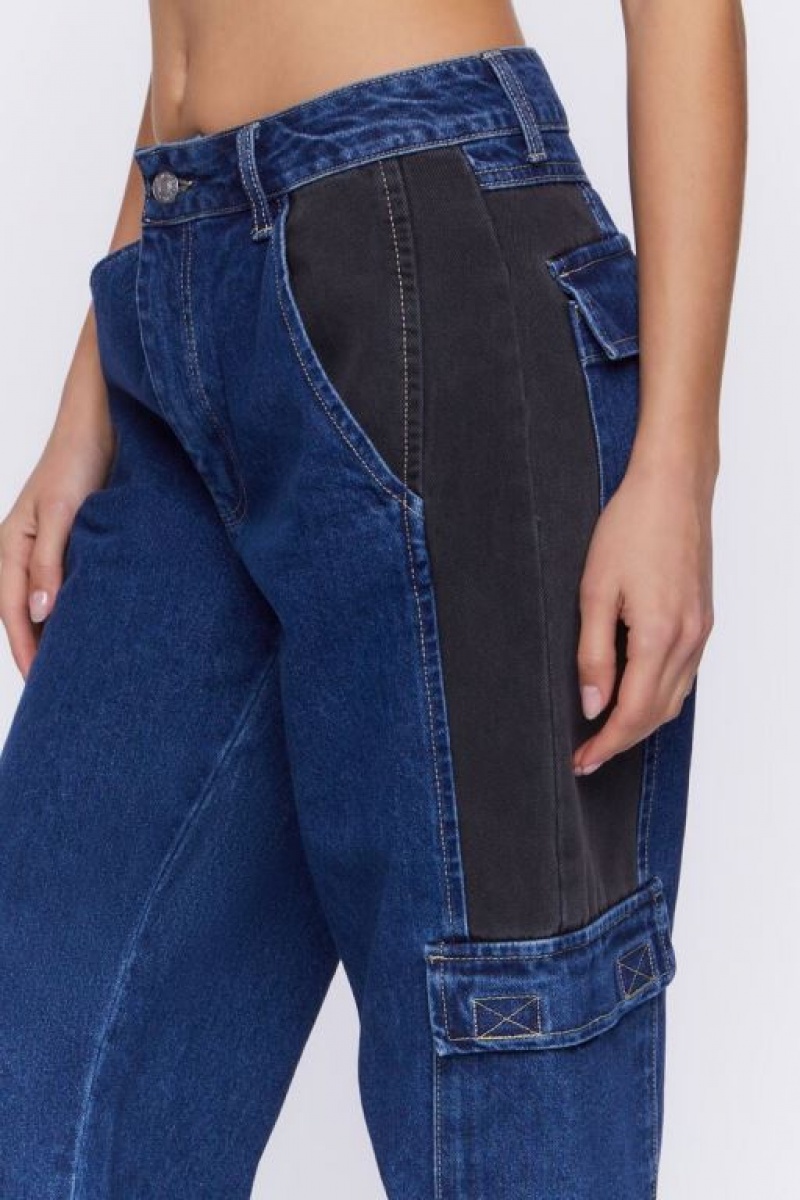 Jeans Forever 21 Contrast Panel High Rise Dad Mujer Azules Oscuro Negras | 7FlTNyzTEW2