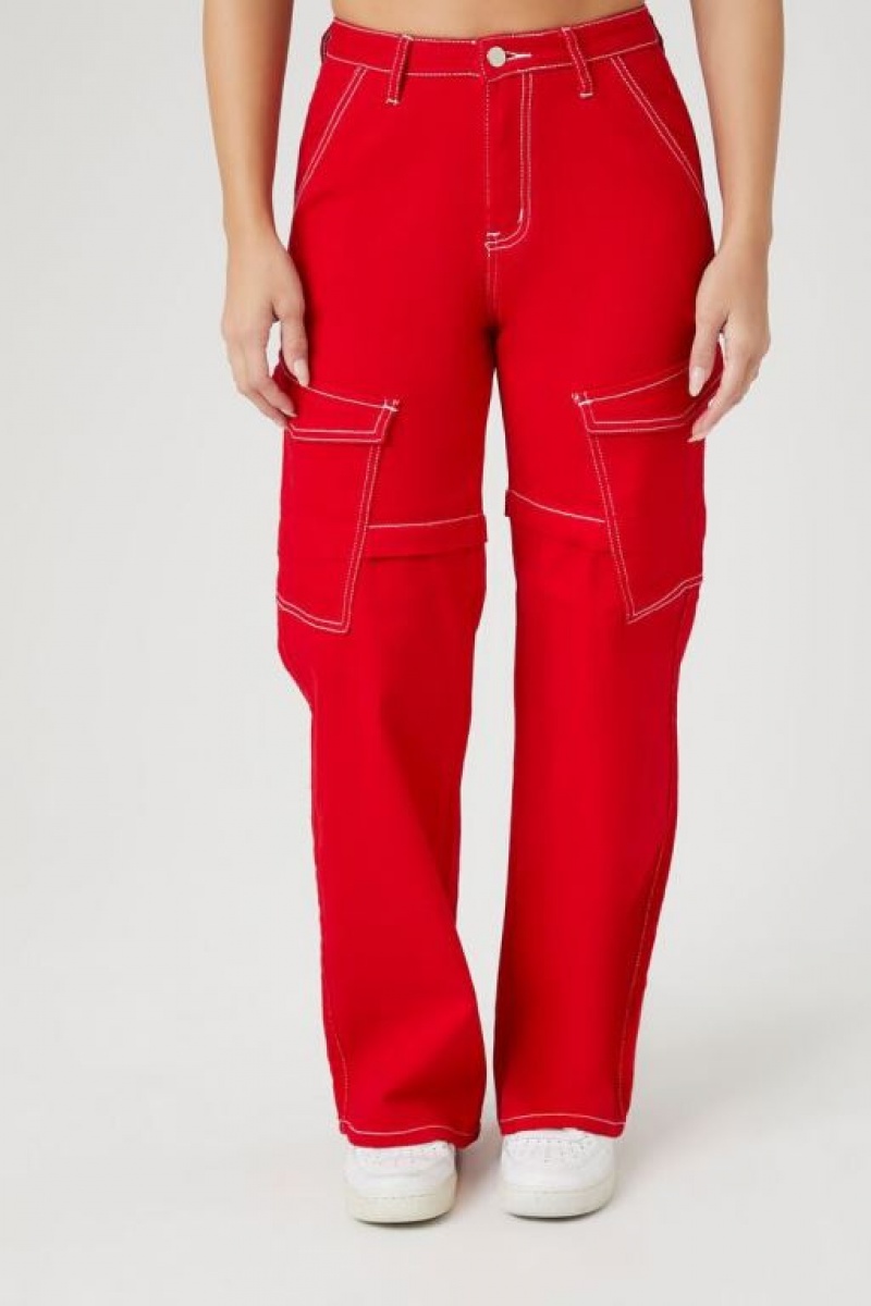 Jeans Forever 21 Contrast Seam High Rise Cargo Mujer Rojas Blancas | lQZgmfQoOYX