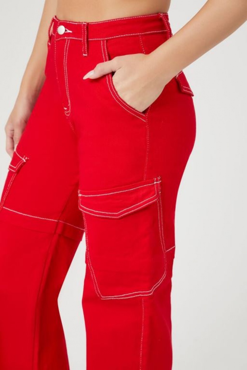 Jeans Forever 21 Contrast Seam High Rise Cargo Mujer Rojas Blancas | lQZgmfQoOYX