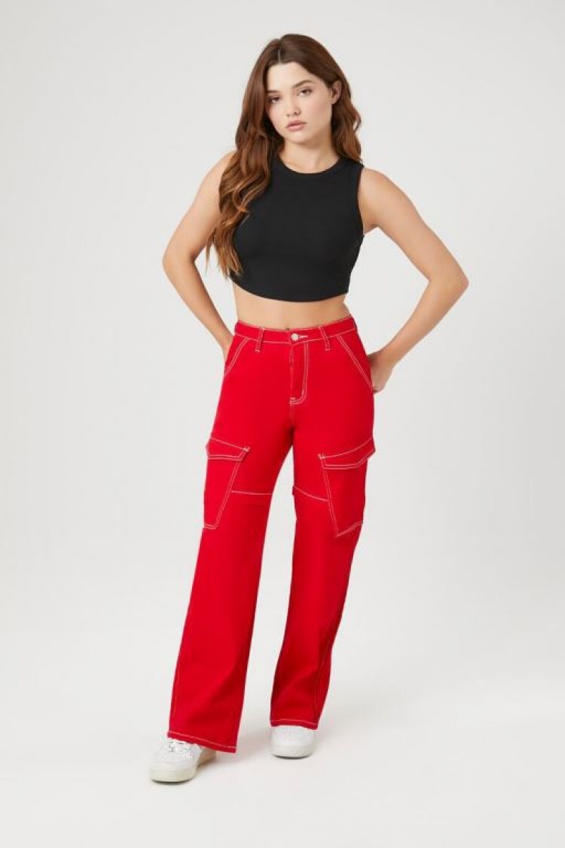 Jeans Forever 21 Contrast Seam High Rise Cargo Mujer Rojas Blancas | lQZgmfQoOYX