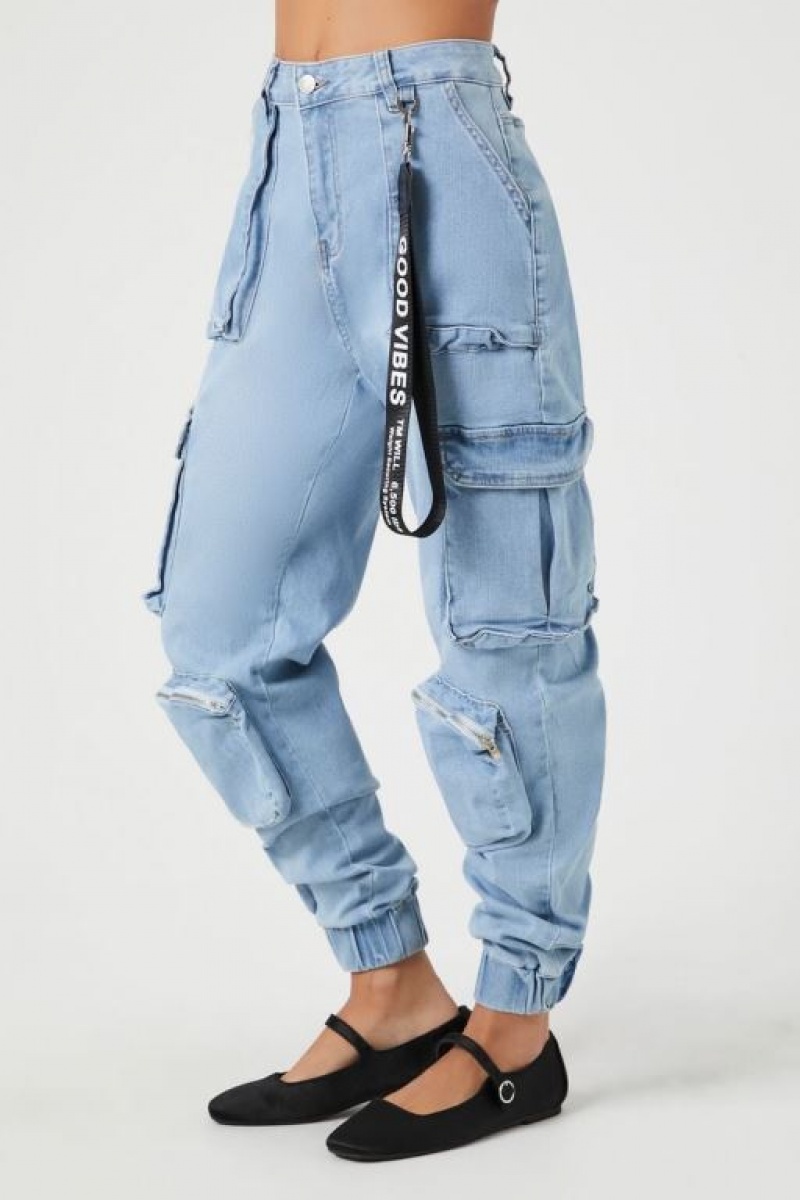 Jeans Forever 21 Cuffed High Rise Cargo Mujer Azules Claro | ujqjzmku5Wo