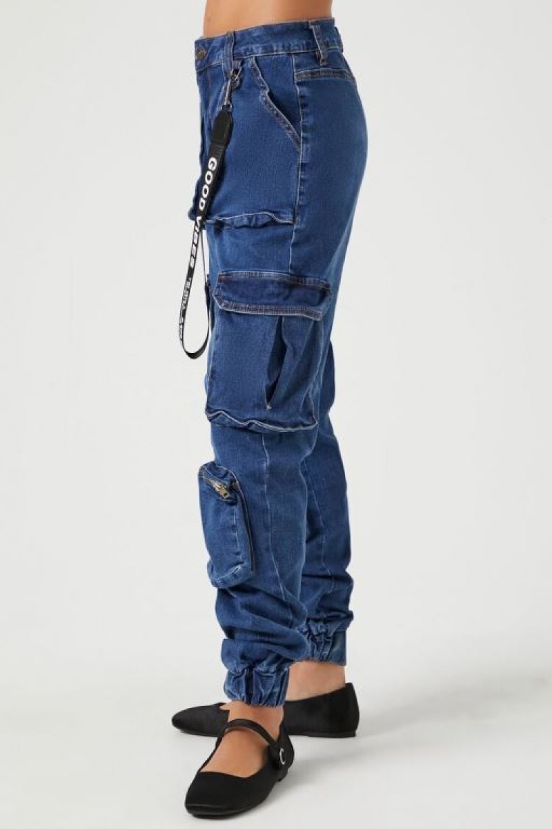 Jeans Forever 21 Cuffed High Rise Cargo Mujer Azules Oscuro | 7A9t3n9rSbZ