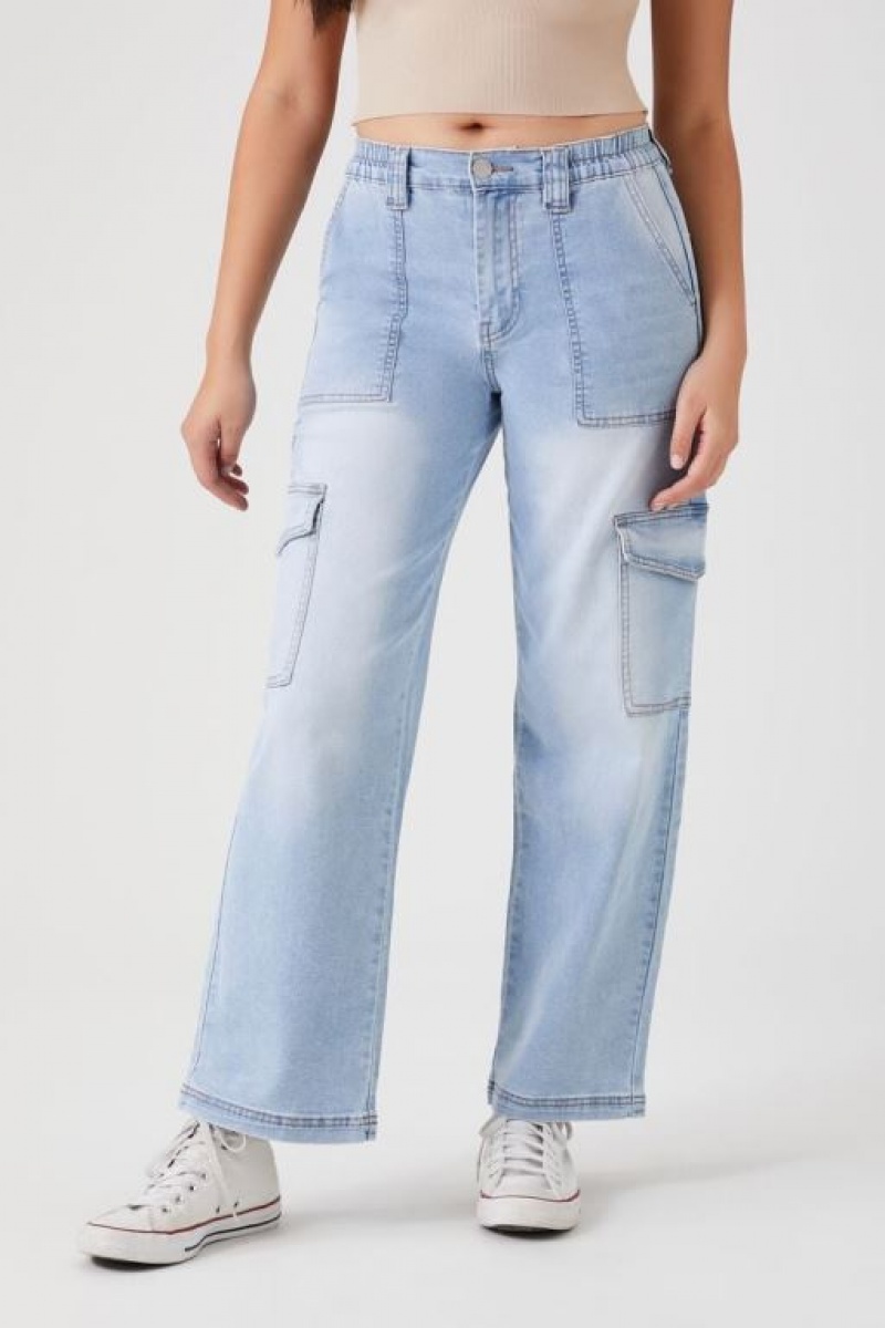 Jeans Forever 21 Directo Leg Denim Cargo Mujer Azules Claro | YH1AnA6mt6R