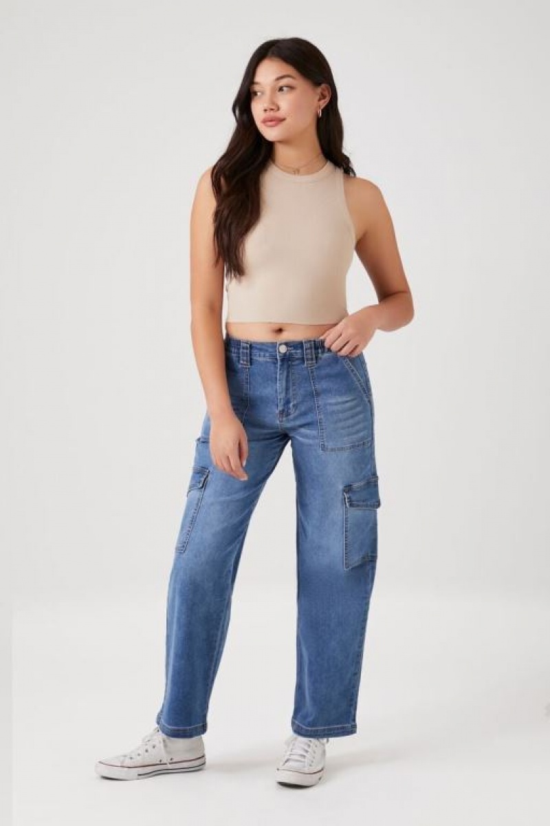 Jeans Forever 21 Directo Leg Denim Cargo Mujer Azules | vDzg9J1ltBd