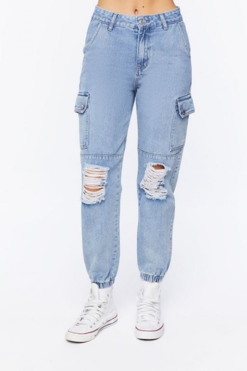 Jeans Forever 21 Distressed Denim Cargo Joggers Mujer Azules | mtsRw6Mq8RS