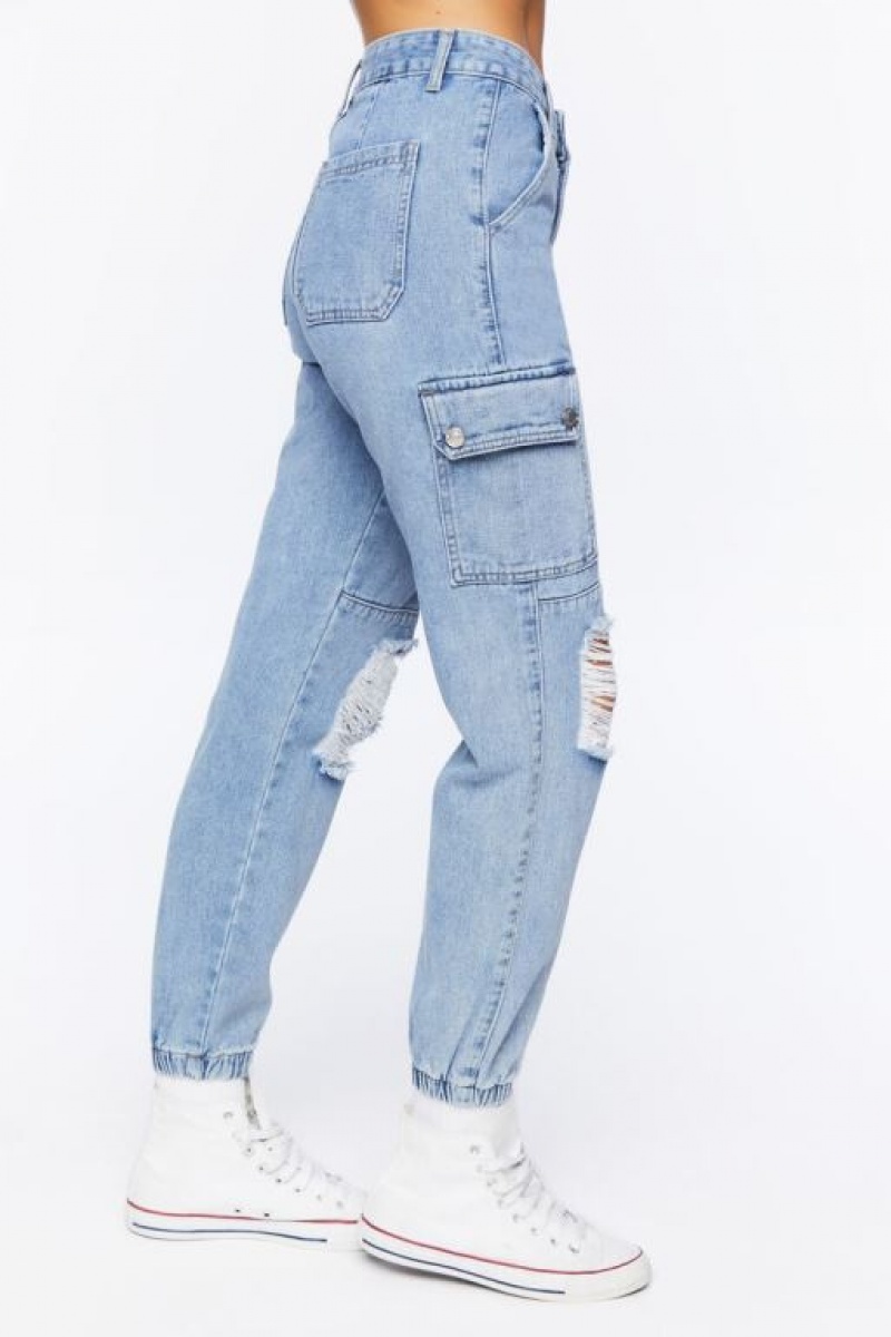 Jeans Forever 21 Distressed Denim Cargo Joggers Mujer Azules | mtsRw6Mq8RS