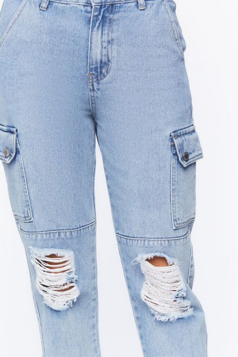 Jeans Forever 21 Distressed Denim Cargo Joggers Mujer Azules | mtsRw6Mq8RS