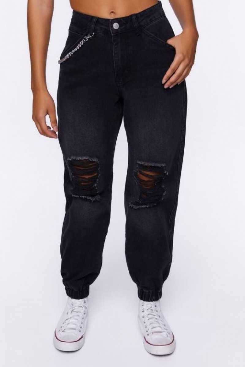 Jeans Forever 21 Distressed Denim Wallet Chain Joggers Mujer Negras | HE2Mb7PxgyI