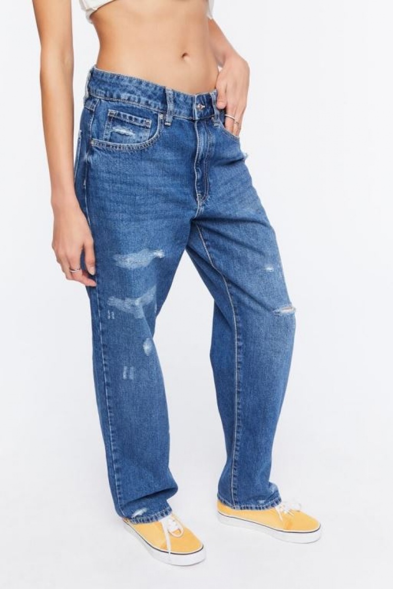 Jeans Forever 21 Distressed Directo Leg Mujer Azules | e3P13vbz28y