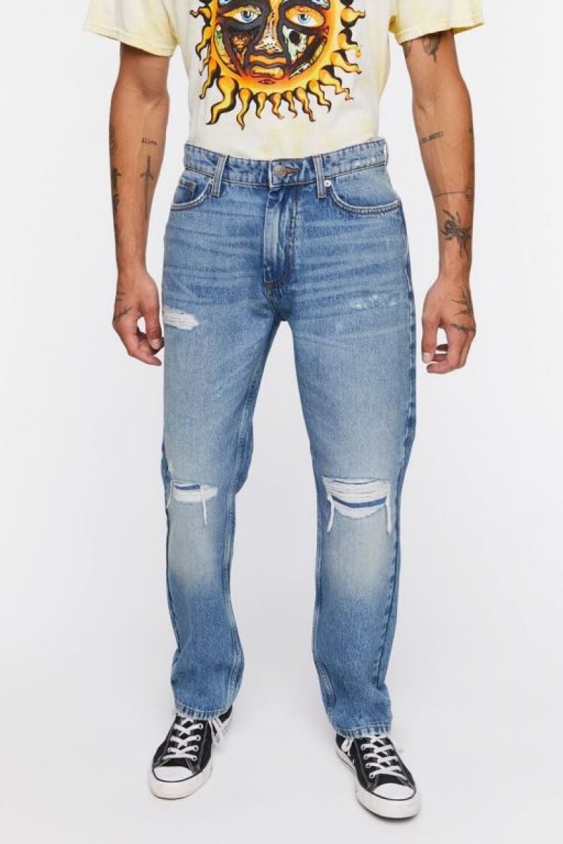 Jeans Forever 21 Distressed Directo Leg Hombre Azules | W20WLMVbKx3