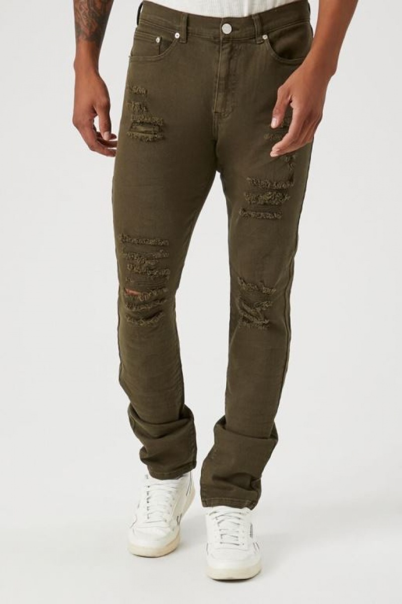 Jeans Forever 21 Distressed Flaco Hombre Verde Oliva | fgk2zjN0oBX