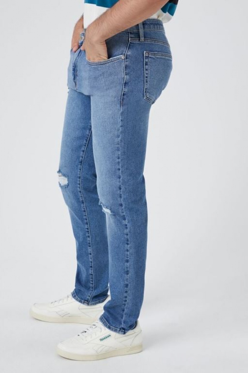 Jeans Forever 21 Distressed Flaco Hombre Azules | QwI43JLh8Aj