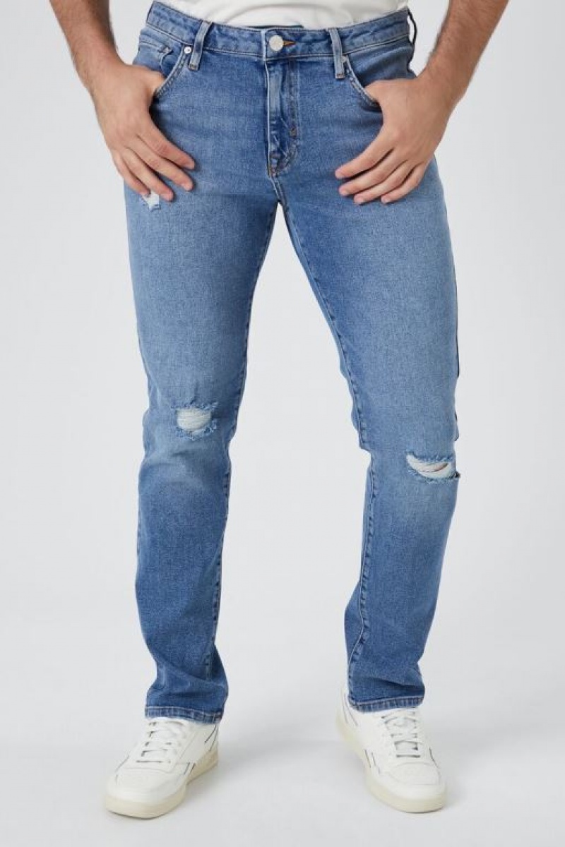 Jeans Forever 21 Distressed Flaco Hombre Azules | QwI43JLh8Aj