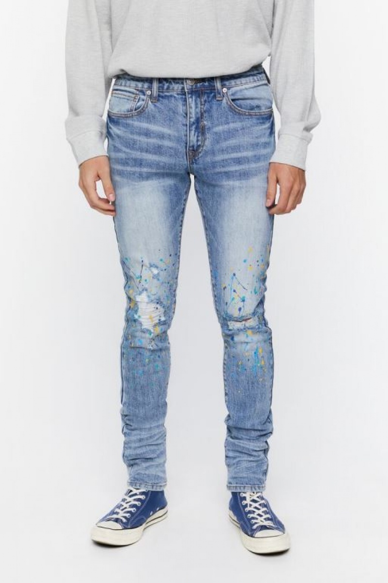 Jeans Forever 21 Distressed Flaco Hombre Azules | GayKgpfO6ou