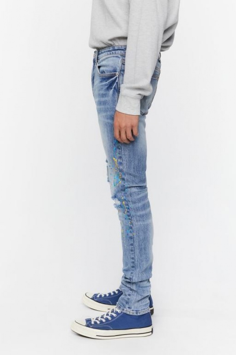 Jeans Forever 21 Distressed Flaco Hombre Azules | GayKgpfO6ou