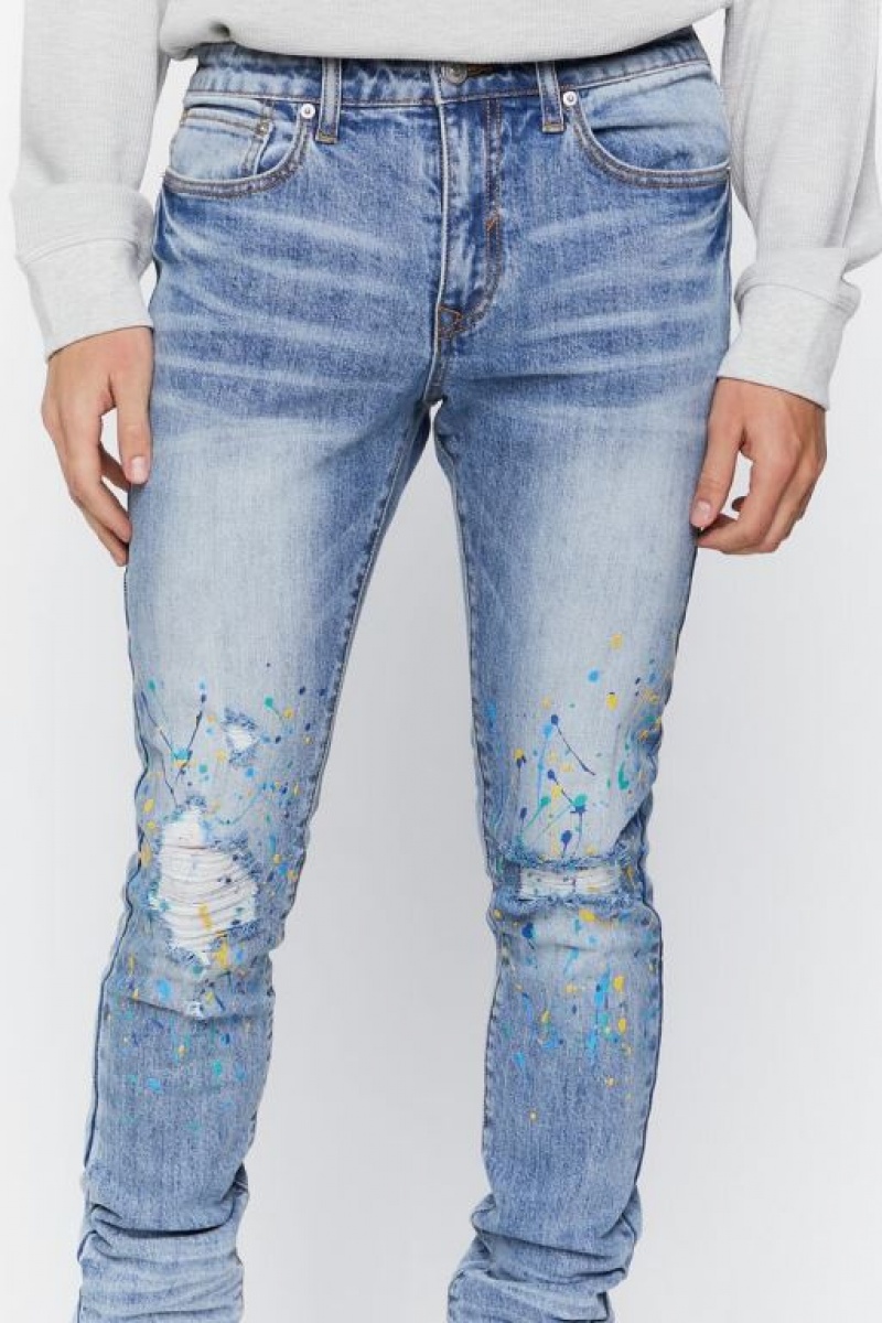 Jeans Forever 21 Distressed Flaco Hombre Azules | GayKgpfO6ou