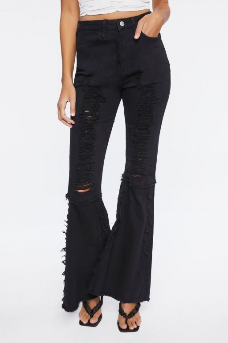 Jeans Forever 21 Distressed High Rise Flare Mujer Negras | Ca1o86R8ouD