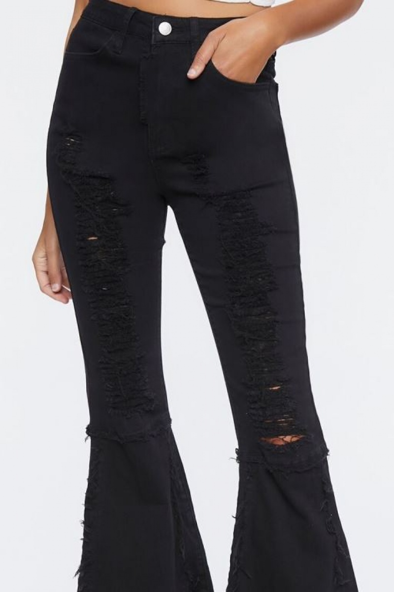 Jeans Forever 21 Distressed High Rise Flare Mujer Negras | Ca1o86R8ouD