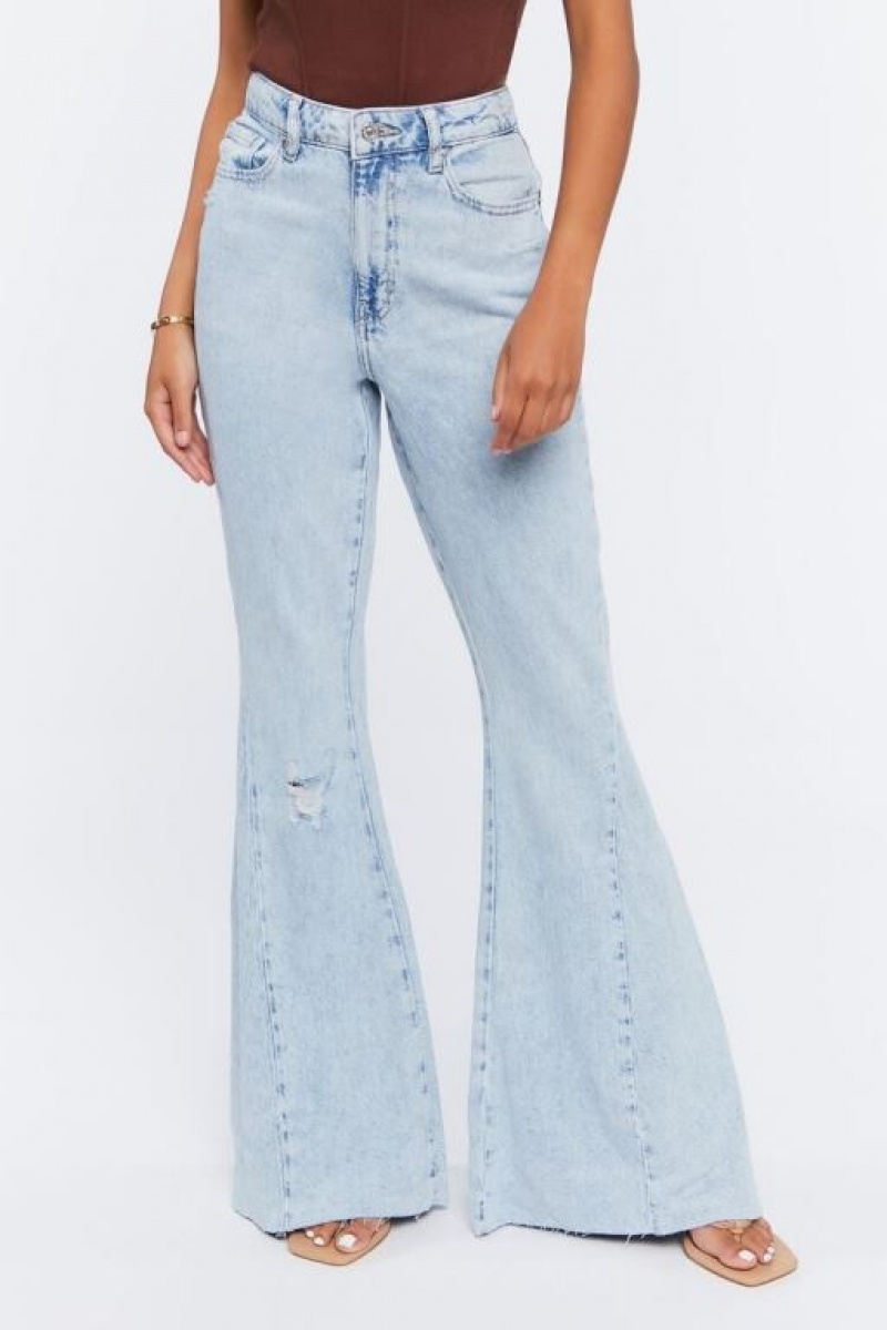 Jeans Forever 21 Distressed High Rise Flare Mujer Azules Claro | LPbrFeAZtEI