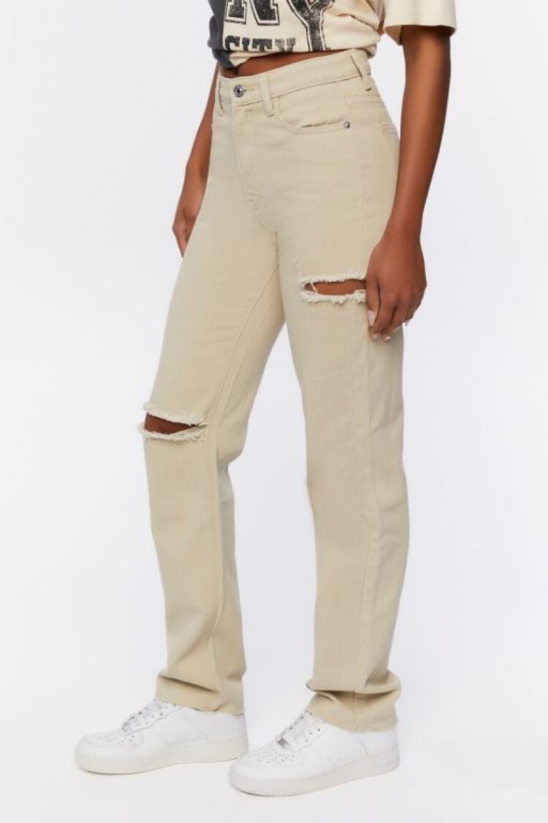 Jeans Forever 21 Distressed High Rise Mujer Beige | DGyQFuZdmFu