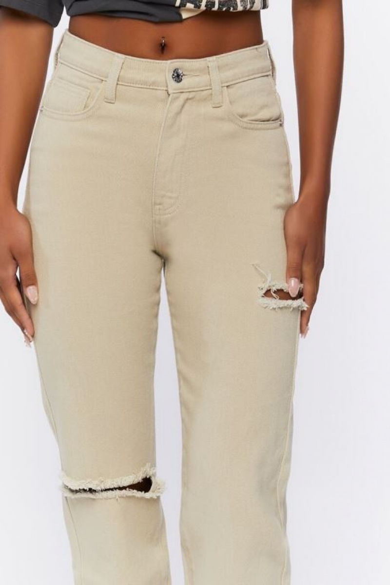 Jeans Forever 21 Distressed High Rise Mujer Beige | DGyQFuZdmFu