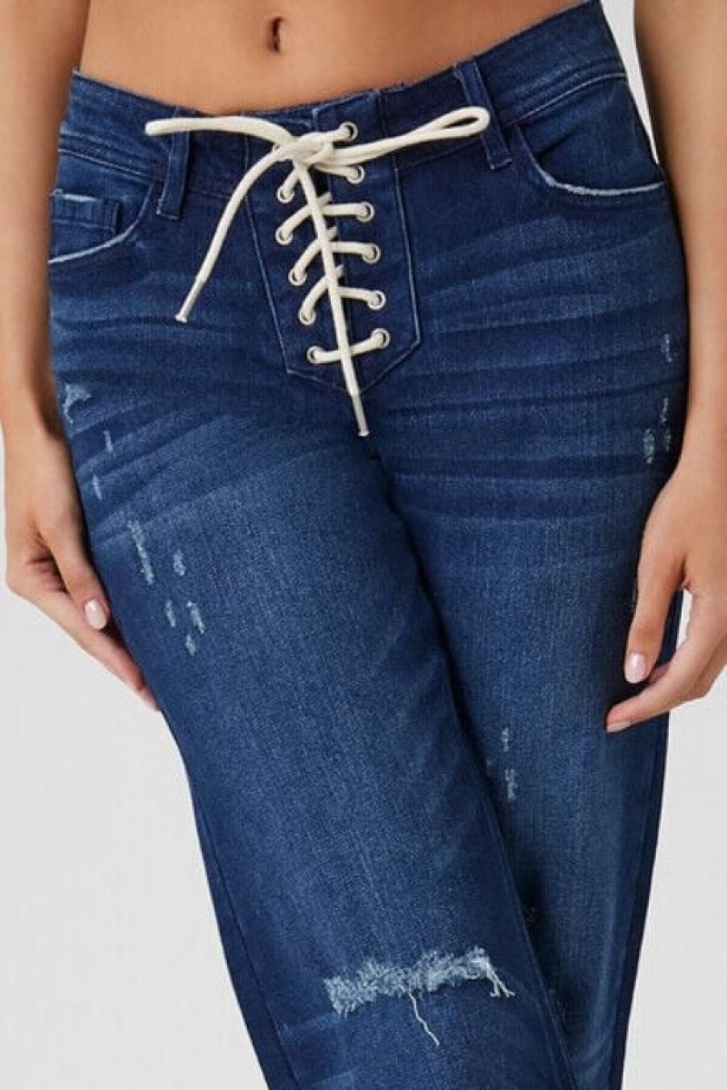 Jeans Forever 21 Distressed Lace Up Flare Mujer Azules Oscuro | bJitBcOmogB