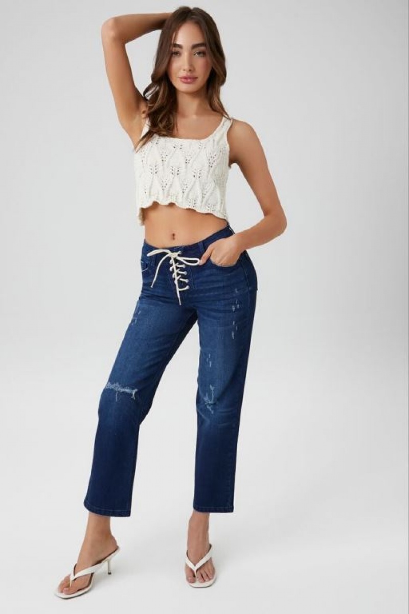 Jeans Forever 21 Distressed Lace Up Flare Mujer Azules Oscuro | bJitBcOmogB