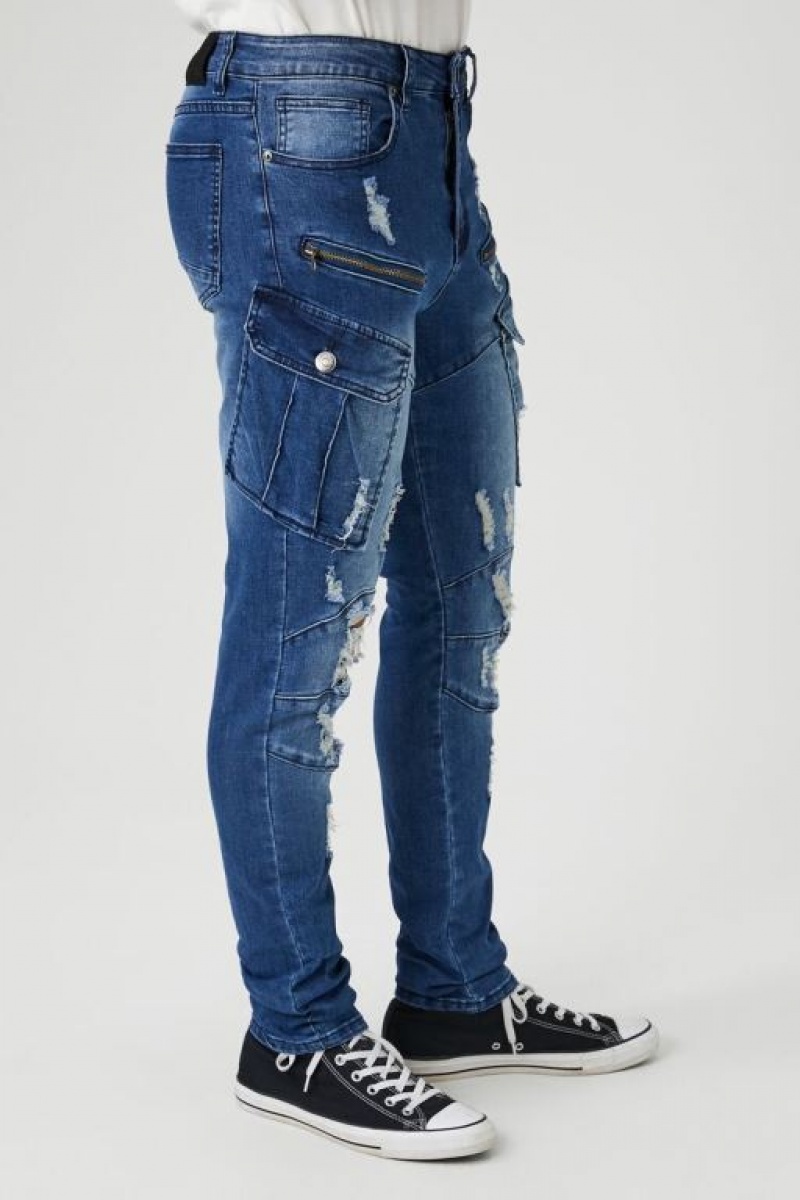 Jeans Forever 21 Distressed Moto Flaco Hombre Azules | BLsBcd26zLr