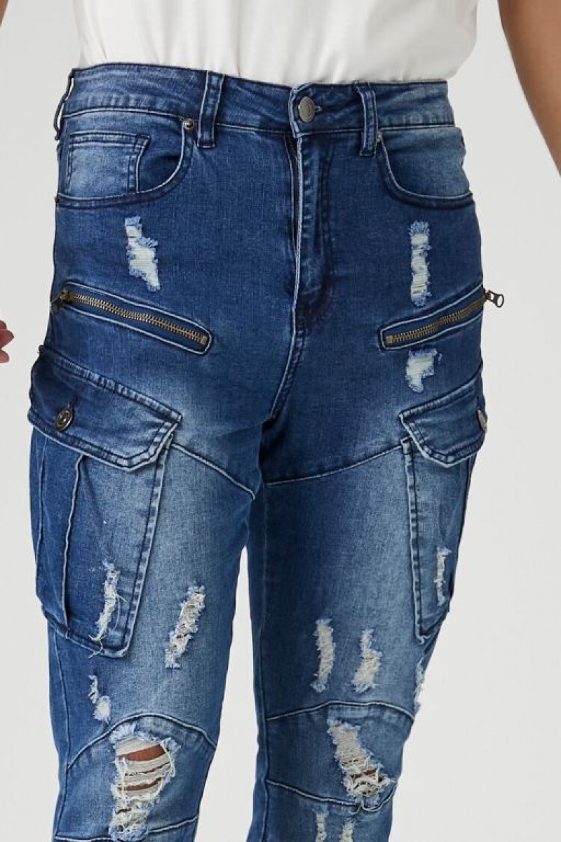 Jeans Forever 21 Distressed Moto Flaco Hombre Azules | BLsBcd26zLr