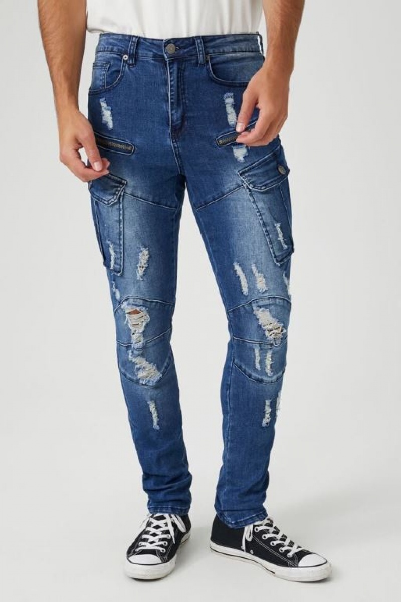 Jeans Forever 21 Distressed Moto Flaco Hombre Azules | BLsBcd26zLr