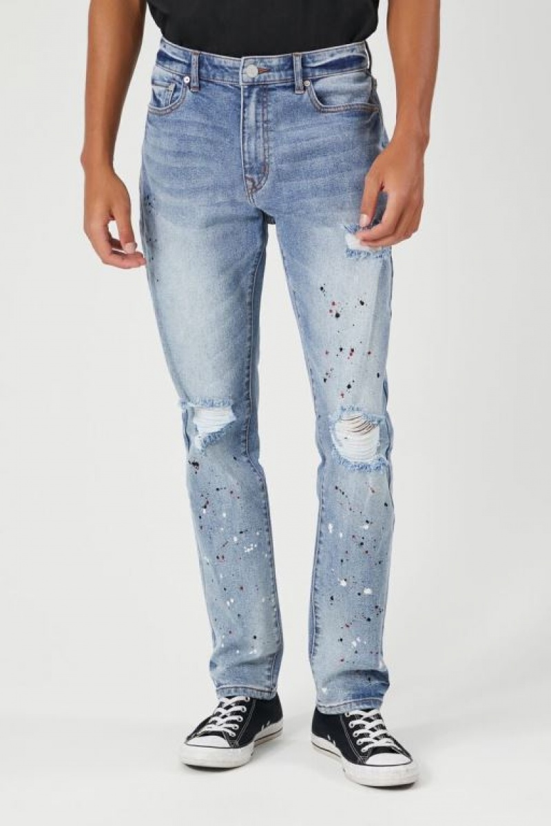 Jeans Forever 21 Distressed Paint Splatter Hombre Azules Oscuro | ICwjPxguMim