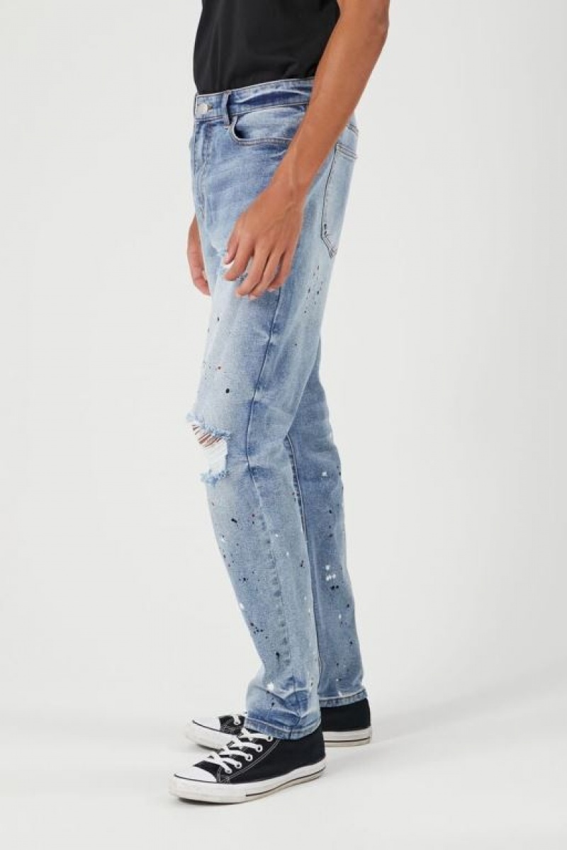 Jeans Forever 21 Distressed Paint Splatter Hombre Azules Oscuro | ICwjPxguMim