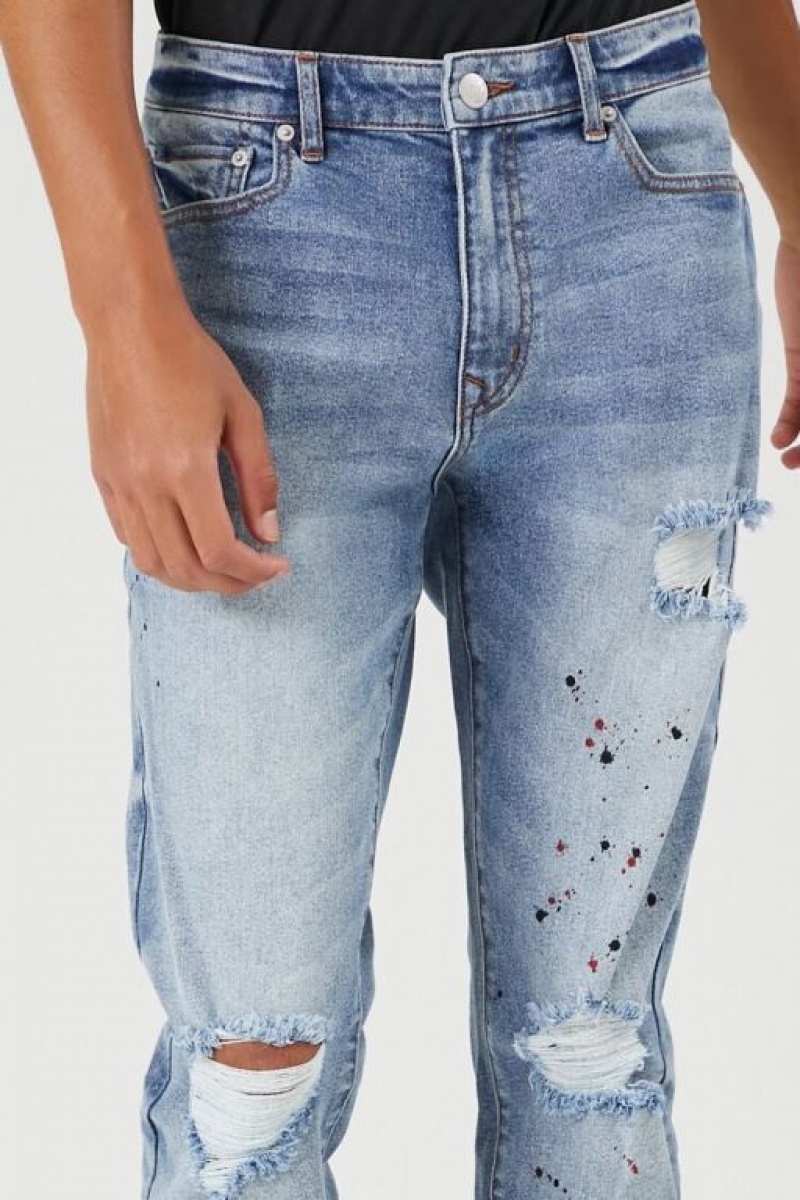 Jeans Forever 21 Distressed Paint Splatter Hombre Azules Oscuro | ICwjPxguMim