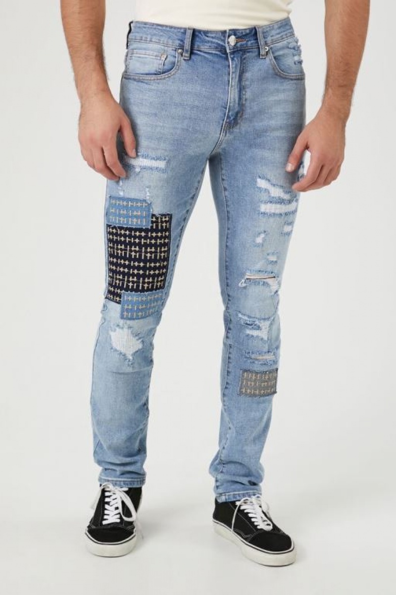 Jeans Forever 21 Distressed Reworked Flaco Hombre Azules Claro | dowpmkMVk7t