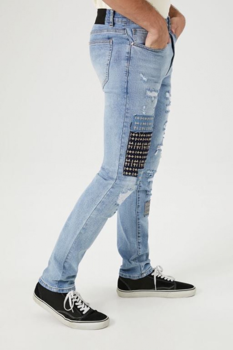 Jeans Forever 21 Distressed Reworked Flaco Hombre Azules Claro | dowpmkMVk7t