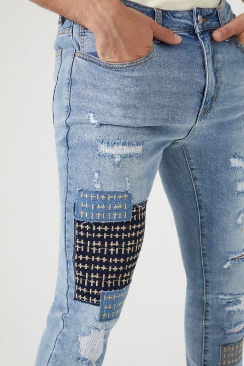 Jeans Forever 21 Distressed Reworked Flaco Hombre Azules Claro | dowpmkMVk7t