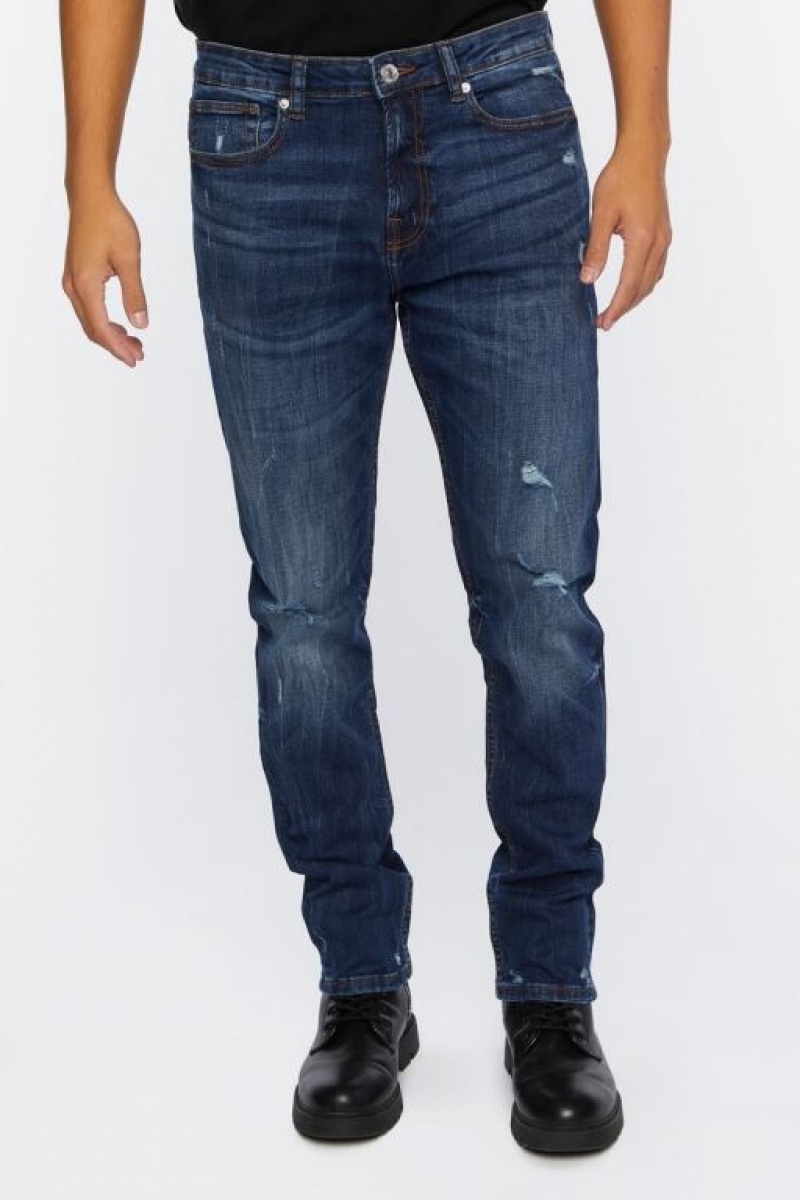 Jeans Forever 21 Distressed Slim Fit Hombre Azules Oscuro | 3PETHZc4tTR