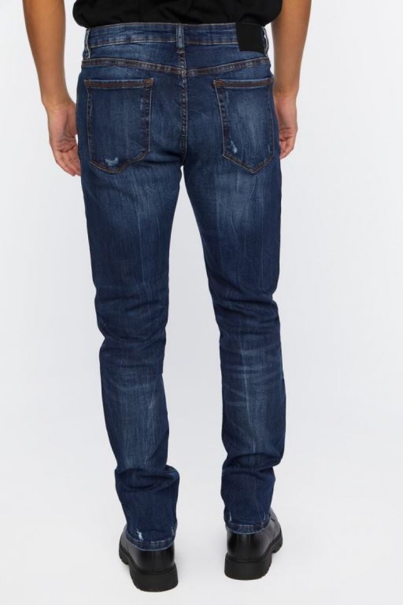 Jeans Forever 21 Distressed Slim Fit Hombre Azules Oscuro | 3PETHZc4tTR