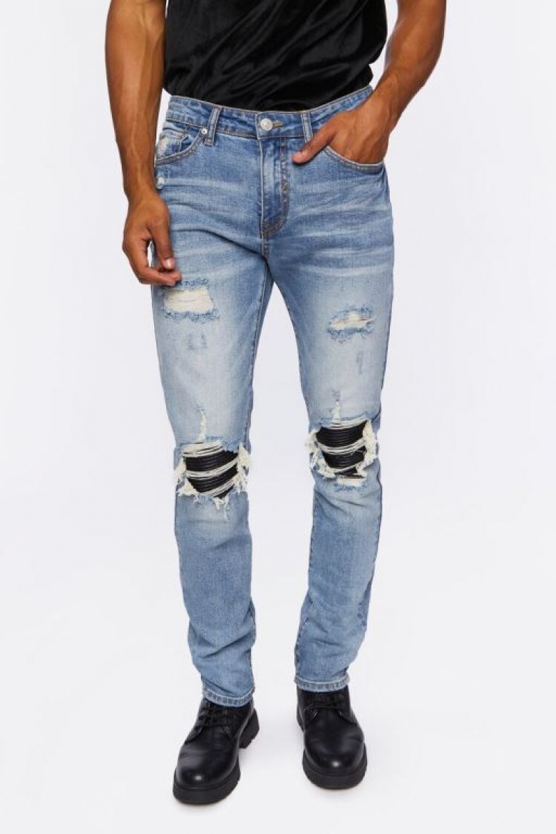 Jeans Forever 21 Distressed Slim Fit Stone Wash Hombre Azules Claro | AXlo5NwdgG3