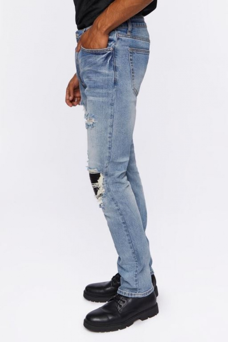 Jeans Forever 21 Distressed Slim Fit Stone Wash Hombre Azules Claro | AXlo5NwdgG3