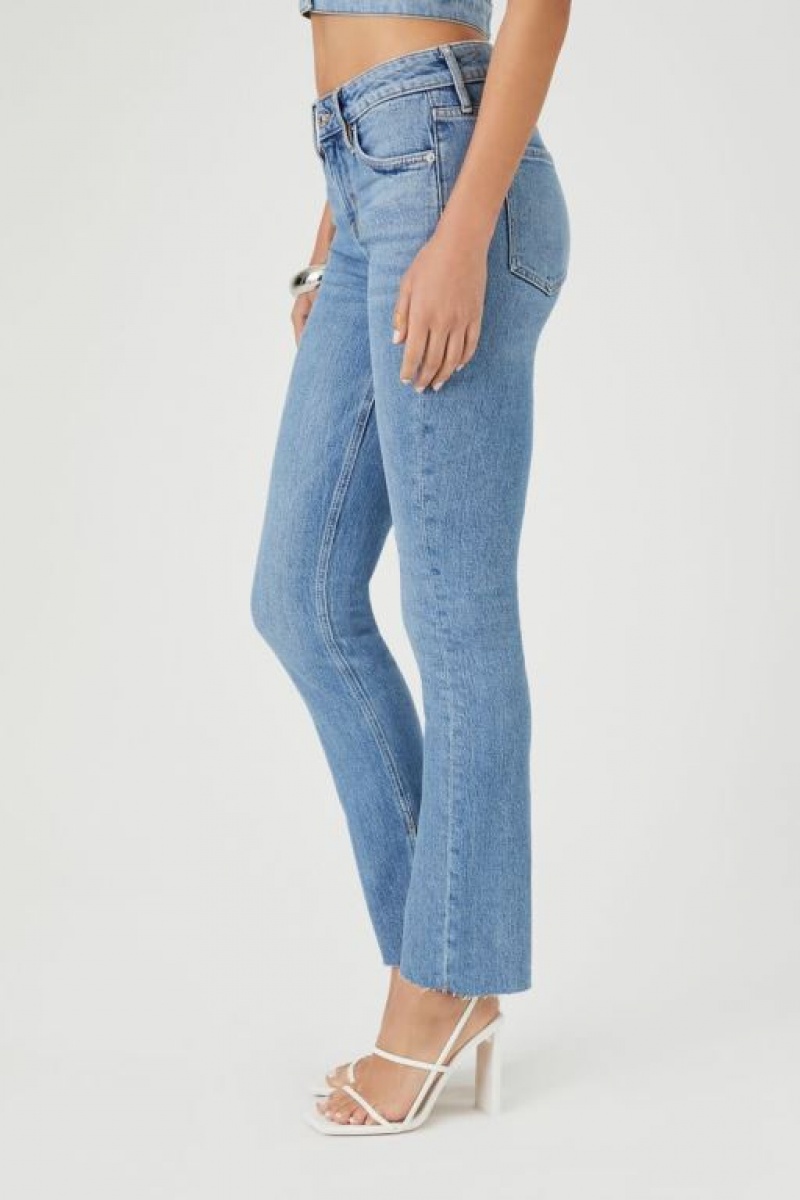 Jeans Forever 21 Distressed Split Hem Directo Leg Mujer Azules | HEL9RFfZ3dt