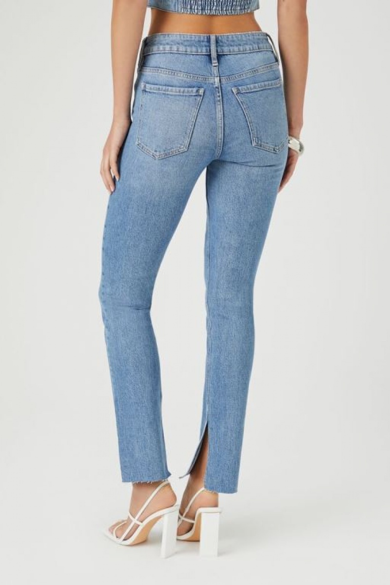 Jeans Forever 21 Distressed Split Hem Directo Leg Mujer Azules | HEL9RFfZ3dt